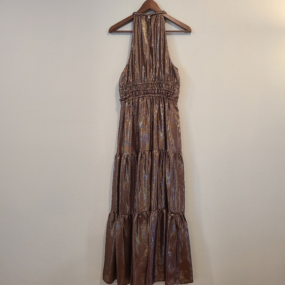 ALC Elara Tiered Silk Metallic Bitter Chocolate Maxi Dress - Picture 7 of 9